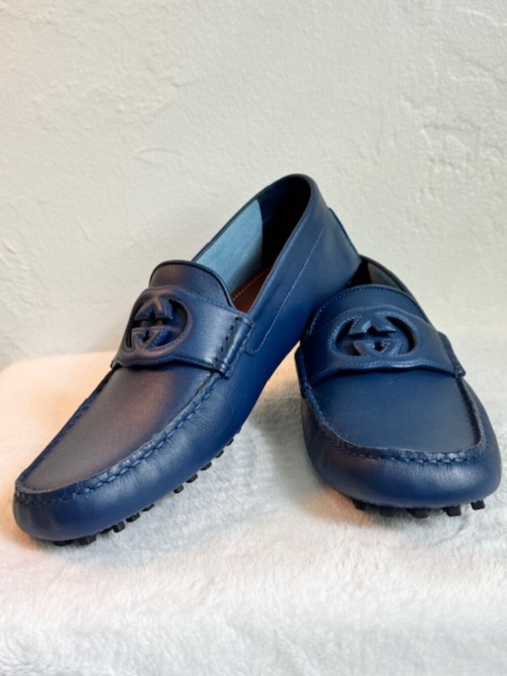 Gucci Men’s Blue Leather Interlocking G Driving Loafers Size 8